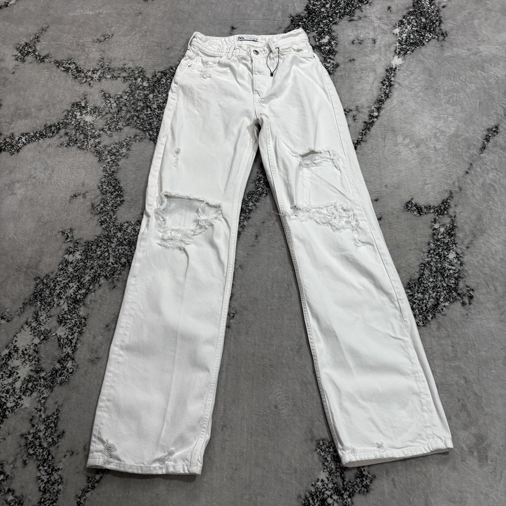 Zara Womens Size 4 White Distressed Ripped Wide Leg Jeans High Rise Denim